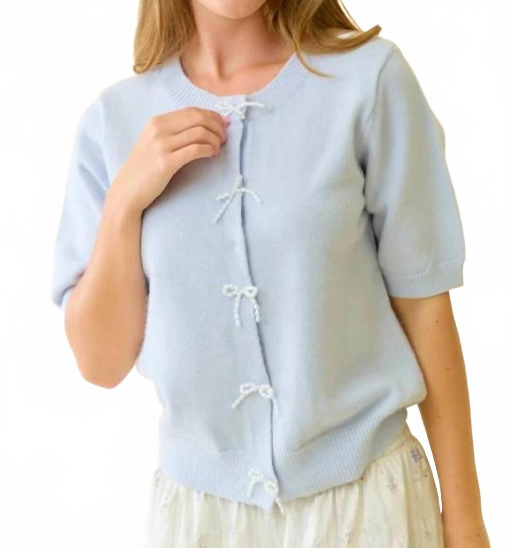 NEW HEM & THREAD pearl bow button short sleeve cardigan in baby blue